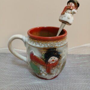 NIB Hand Crafted Snowman Mug w/Matching Spoon-Cozy Winter/Christmas